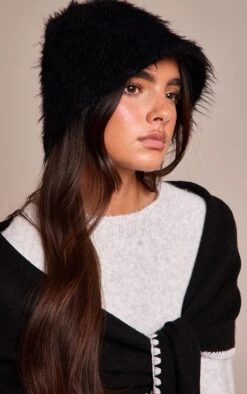 Prettylittlething Black Shaggy Fur Bucket Hat