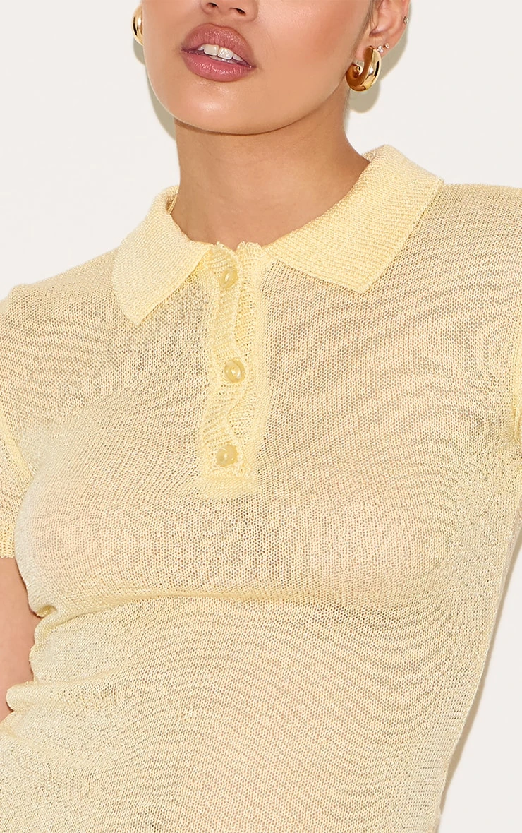 Prettylittlething Yellow Sheer Knit Polo Top 4 Prettylittlething Yellow Sheer Knit Polo Top - Image 4