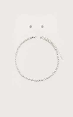 Prettylittlething Silver Dainty Stud And Necklace Set