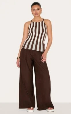 PrettyLittleThing Chocolate & White Stripe Peplum Cami Top – Brushed Knit Spaghetti Strap Day Top -FRAME Clothing Shop 024462a6cb8aa16d91d69121c6dca5c2b772e03d CNM9263 3 chocolate stripe peplum cami top