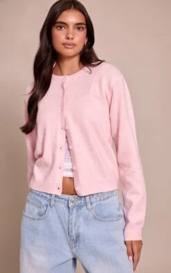 Prettylittlething Pink Crew Neck Knit Cardigan