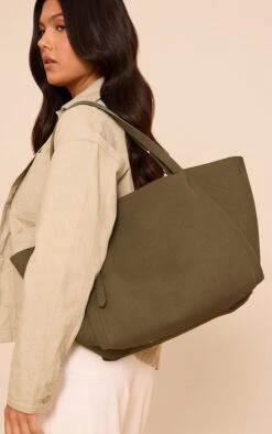 Prettylittlething Olive Faux Suede Adjustable Strap Tote Bag