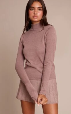 Mocha Fine Knit High Neck Sweater