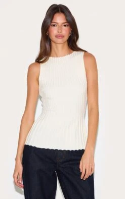 Prettylittlething Cream Rib Knit Boat Neck Peplum Top