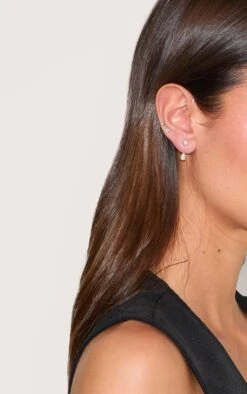 Prettylittlething Gold Curved Diamante Detail Earrings