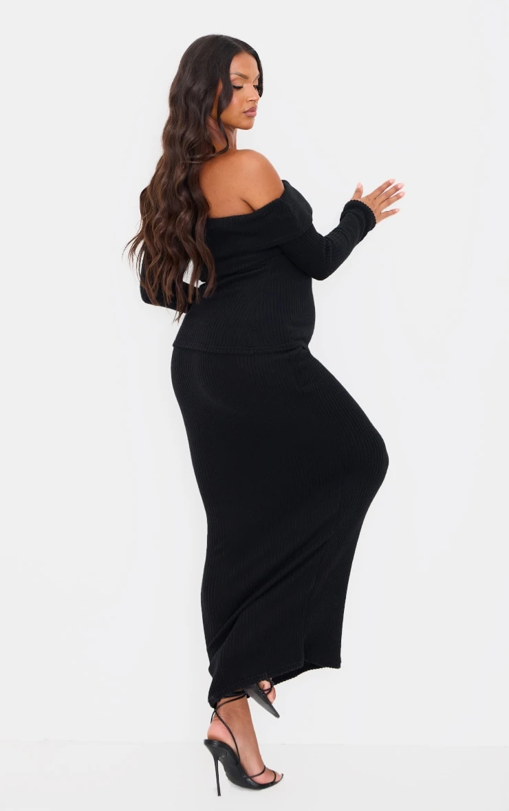Prettylittlething Maternity Black Brushed Rib Buckle Detail – Off The Shoulder Long Sleeve Top 2 Prettylittlething Maternity Black Brushed Rib Buckle Detail – Off The Shoulder Long Sleeve Top - Image 2