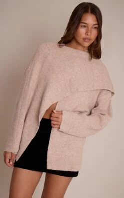 Oatmeal Scarf Detail Soft Knit Relaxed Fit Sweater