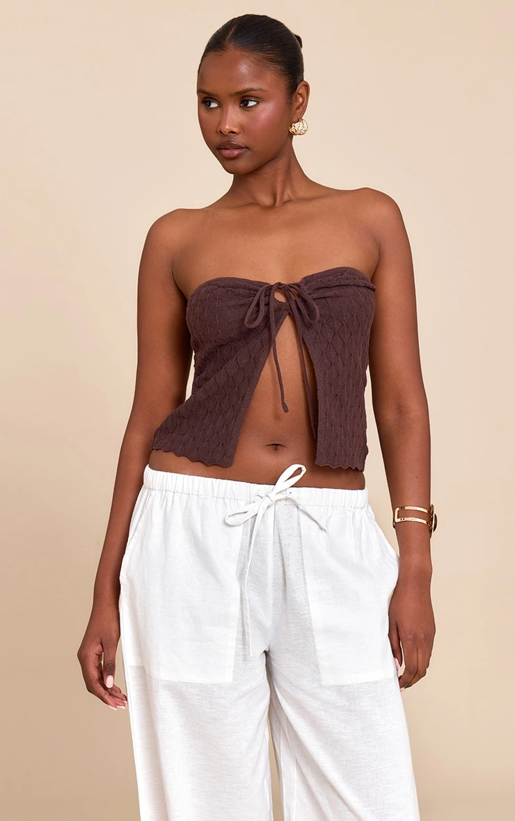 PrettyLittleThing Chocolate Textured Crochet Knit Bandeau Open Top - Sleeveless Summer Knit 1 PrettyLittleThing Chocolate Textured Crochet Knit Bandeau Open Top - Sleeveless Summer Knit
