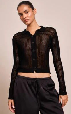 Prettylittlething Black Filagree Knit Button Up Cardigan