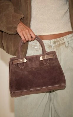 PrettyLittleThing Chocolate Faux Suede Gold Hardware Structured Handbag