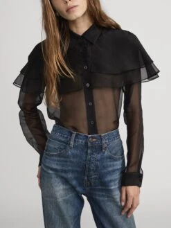 The Organza Cape L/S Top -- Black -FRAME Clothing Shop 1022970 COSM WP26WSH016 BLK 1970 cape front image
