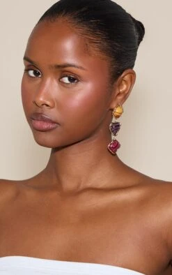 Prettylittlething Gold Textured Tri Colored Stone Draped Earrings