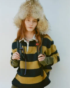 The Society Archive Navy and Dark Yellow Striped Wool-Cashmere Rugby Polo Sweater -FRAME Clothing Shop 11 06 THURS Men s SOA Ads NO LOGO 4x5 0012 10262025 Cobey Arner Frame x Society Archive Wide Select 63 editorial image front