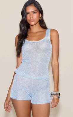Prettylittlething Blue Sequin Knit Short