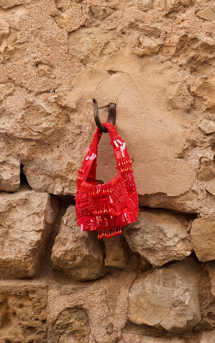 PrettyLittleThing Bright Red Hand-Embellished Ornate Sequin and Beaded Mini Bag 2 PrettyLittleThing Bright Red Hand-Embellished Ornate Sequin and Beaded Mini Bag - Image 2