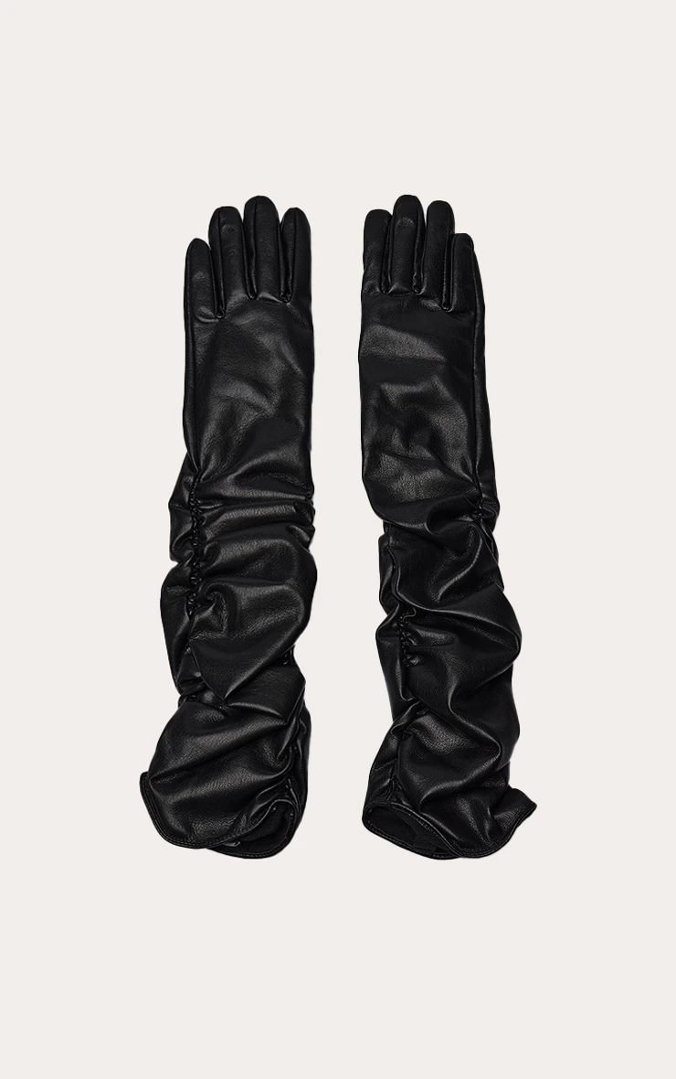 Black Faux Leather Long Ruched Gloves – Longline Fitted Winter Fashion Accessory 2 Black Faux Leather Long Ruched Gloves – Longline Fitted Winter Fashion Accessory - Image 2