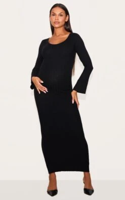 Prettylittlething Maternity Black Knitted Scoop Neck Midaxi Dress