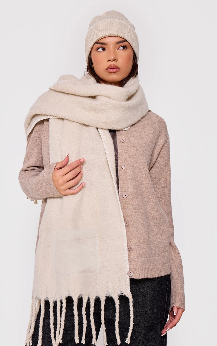 Prettylittlething Oatmeal Pocket Stitch Detail Tassel Scarf 1 Prettylittlething Oatmeal Pocket Stitch Detail Tassel Scarf