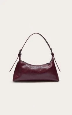 PrettyLittleThing Burgundy Crinkle PU Buckle Detail - Textured Classic Shoulder Bag