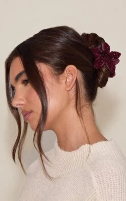 Prettylittlething Burgundy Crystal Lily Flower Hair Clip