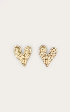 Prettylittlething Gold Hammered Love Heart Statement Earrings