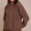 Chocolate Zip Up High Neck Pocket Detail Knitted Cardigan - Relaxed Fit Knitwear