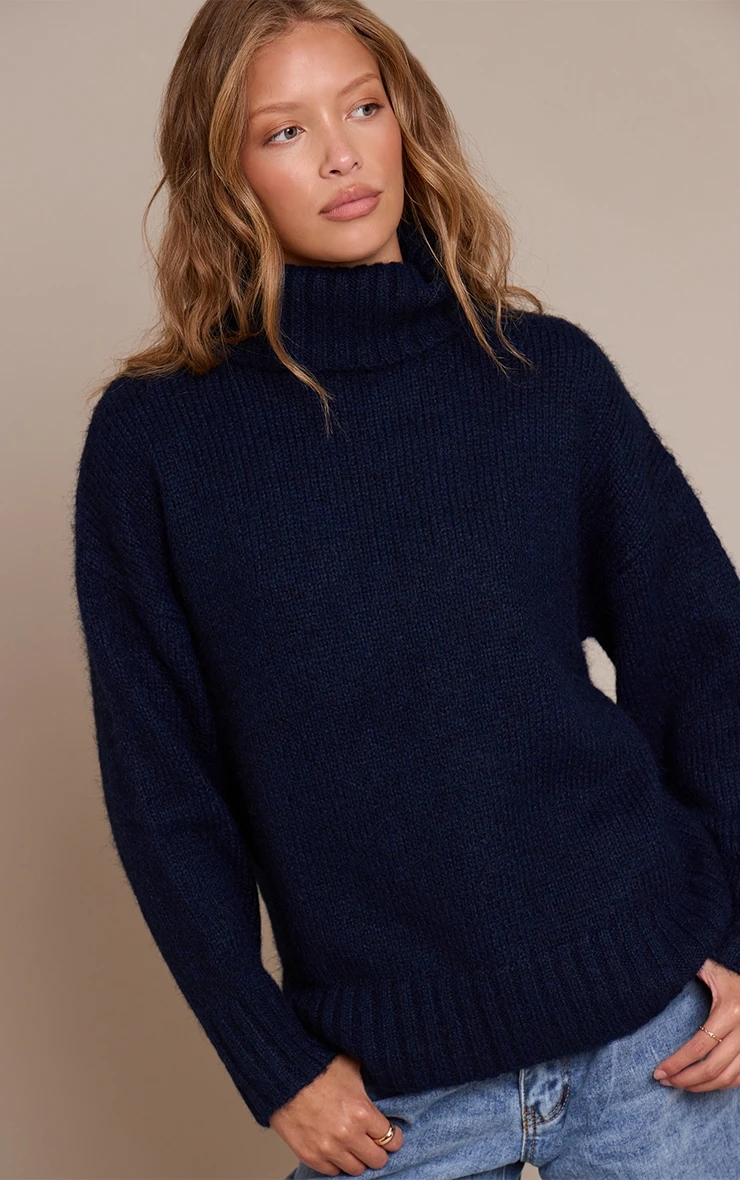 Navy Roll Neck Balloon Sleeve Oversized Sweater 1 Navy Roll Neck Balloon Sleeve Oversized Sweater