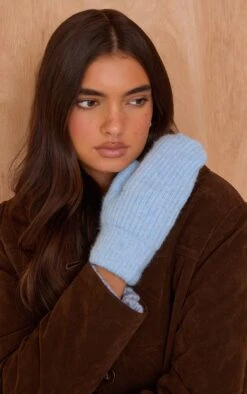 Prettylittlething Powder Blue Ribbed Knitt Mittens