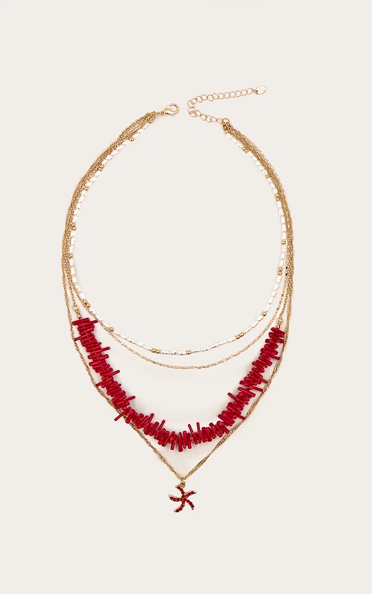 PrettyLittleThing Red and Pearl Layered Gold-Tone Chain – Starfish Pendant Statement Necklace 2 PrettyLittleThing Red and Pearl Layered Gold-Tone Chain – Starfish Pendant Statement Necklace - Image 2