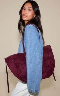 Prettylittlething Plum Faux Suede Contrast Handle Tote Bag