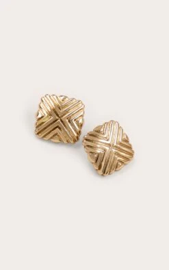Prettylittlething Gold Diamond Ridge Cushion Stud Earrings