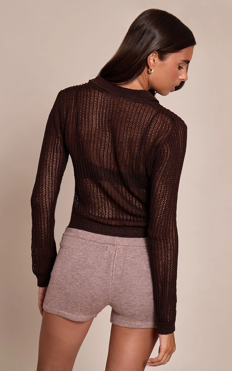 PrettyLittleThing Chocolate Brown Filagree Textured Button-Up Knit Cropped Cardigan 2 PrettyLittleThing Chocolate Brown Filagree Textured Button-Up Knit Cropped Cardigan - Image 2