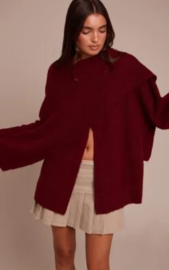 Burgundy Scarf Detail Soft Knit Sweater