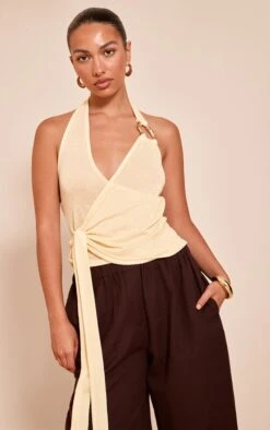 Prettylittlething Lemon Tie Detail Halter Neck Trim Knit Top