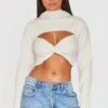 Prettylittlething Cream Ribbed Twist Front Cut Out Sweater