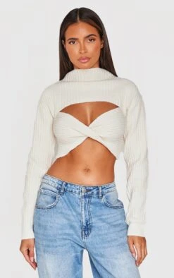Prettylittlething Cream Ribbed Twist Front Cut Out Sweater