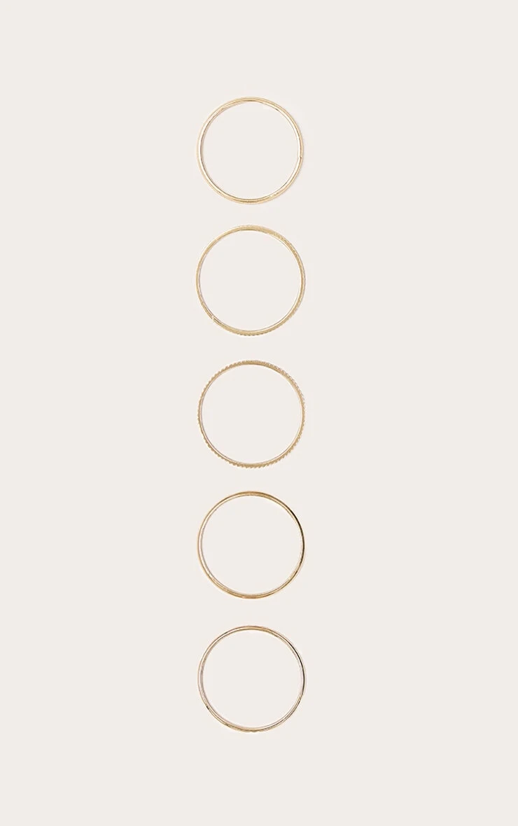 PrettyLittleThing Gold Slim Multi-pack Rings – 5-Piece Recycled Steel Stackable Set 3 PrettyLittleThing Gold Slim Multi-pack Rings – 5-Piece Recycled Steel Stackable Set - Image 3