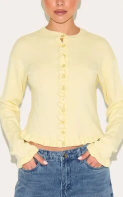 PrettyLittleThing Lemon Yellow Knit Ruffle Detail Button-Down Cardigan 8 PrettyLittleThing Lemon Yellow Knit Ruffle Detail Button-Down Cardigan -FRAME Clothing Shop 2202eaf28786cc7df1a6a4113900e56faafcb85b CNM7661 4 butter cream knit ruffle detail cardigan