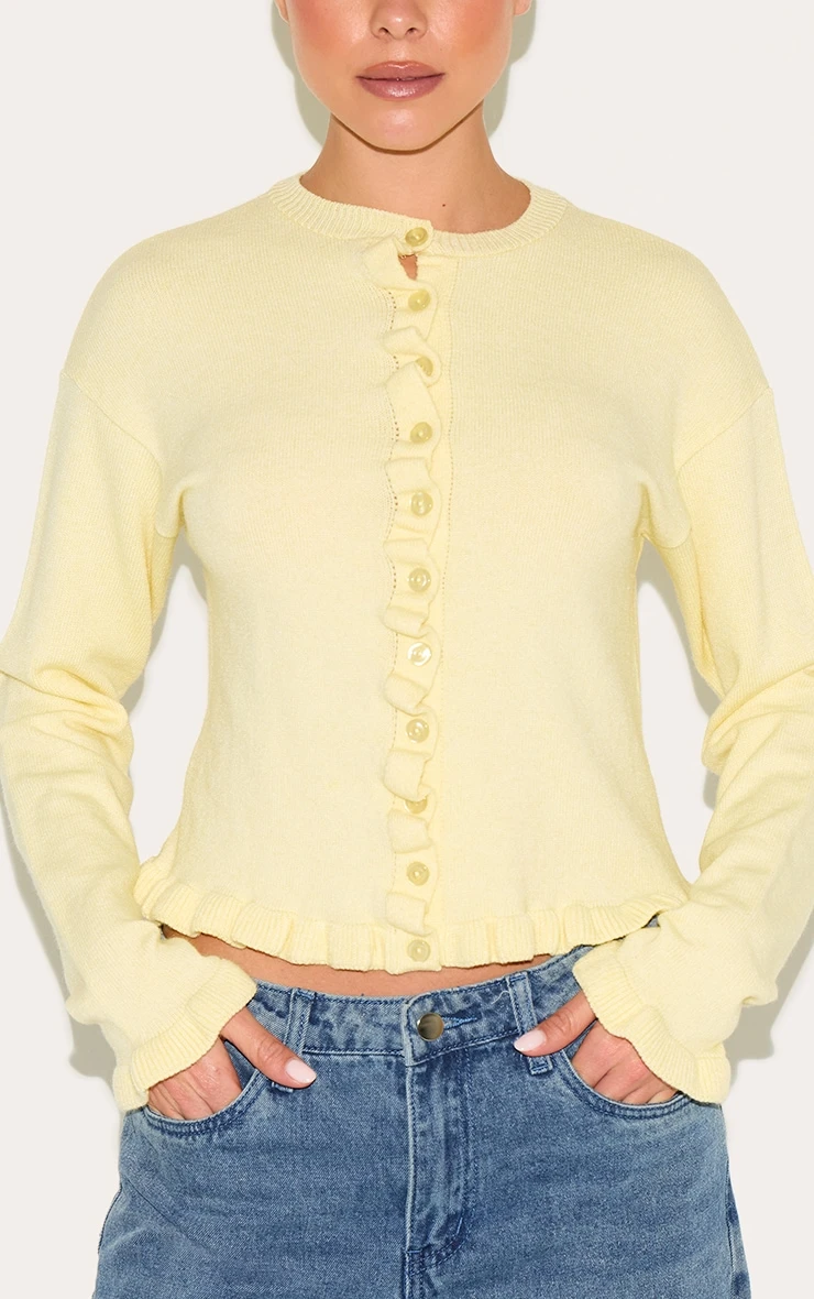 PrettyLittleThing Lemon Yellow Knit Ruffle Detail Button-Down Cardigan 4 PrettyLittleThing Lemon Yellow Knit Ruffle Detail Button-Down Cardigan - Image 4
