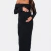 Prettylittlething Maternity Black Brushed Rib Buckle Detail – Off The Shoulder Long Sleeve Top