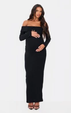 Prettylittlething Maternity Black Brushed Rib Buckle Detail Off The Shoulder Top