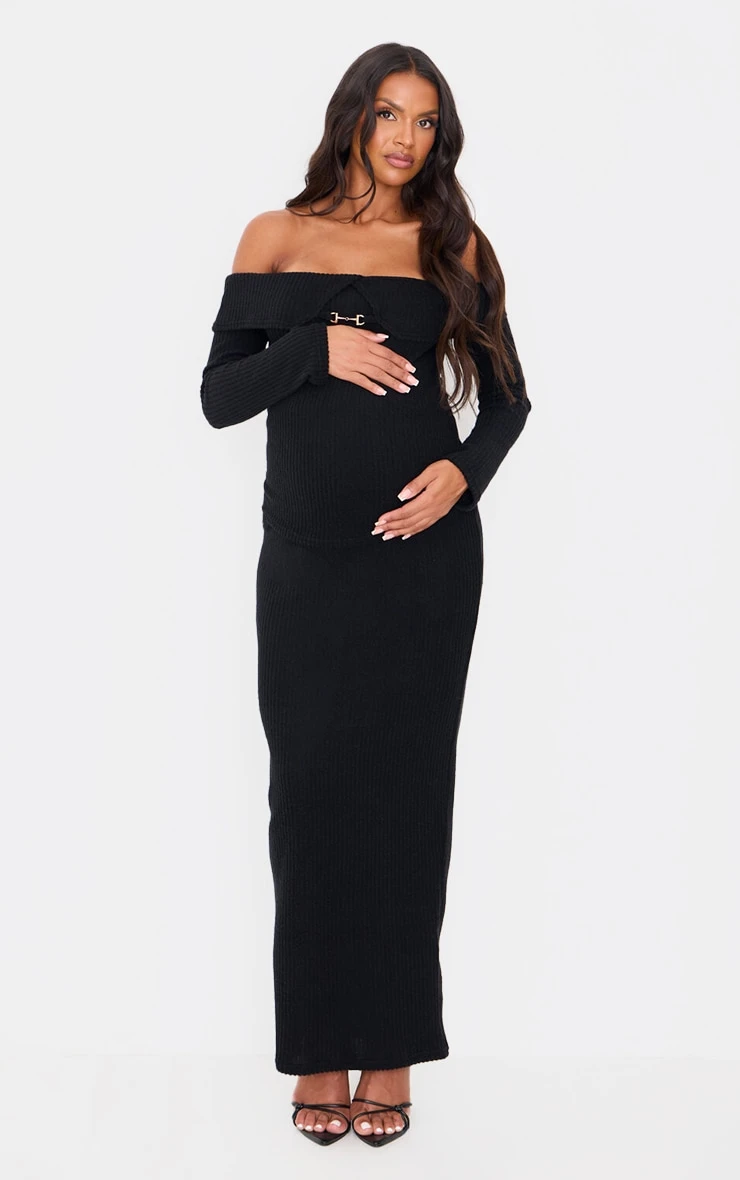 Prettylittlething Maternity Black Brushed Rib Buckle Detail – Off The Shoulder Long Sleeve Top 1 Prettylittlething Maternity Black Brushed Rib Buckle Detail – Off The Shoulder Long Sleeve Top