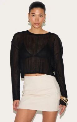 Prettylittlething Black Sheer Knit Oversized Top
