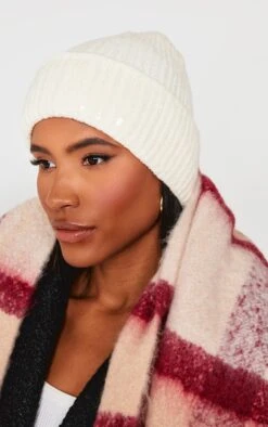 Prettylittlething Cream Sequin Rib Beanie