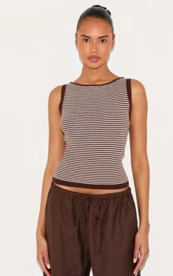 Prettylittlething Chocolate Stripe Waffle Knit Boat Neck Top