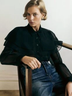 The Organza Cape L/S Top -- Black -FRAME Clothing Shop 250818 FRAME MORGANPILCHER L8 010 final 5cb11425 d30e 4e05 9133 5a135669ca18 The Organza Cape Blouse Editorial