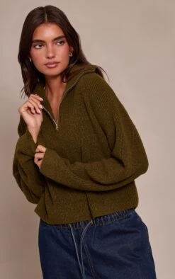 Khaki Half Zip Soft Knit Sweater