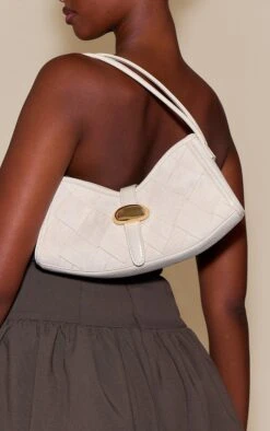 PrettyLittleThing Cream Faux Suede Woven Buckle Shoulder Bag