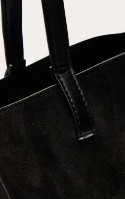 PrettyLittleThing Black Faux Suede Tote Bag with Tan Contrast Handles - Large Shopper Bag -FRAME Clothing Shop 27301587e7fbc796f91345ba88a32d61b94d5f56 CNO3440 4 black faux suede contrast handle tote bag