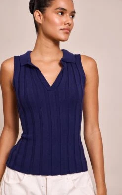 Prettylittlething Navy Sleeveless Wide Rib Polo Top
